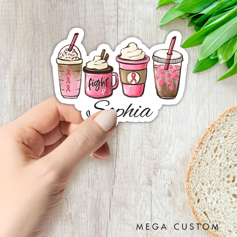 Personalized Cute Coffee Cup Sticker Set with Pink Ribbon and Fight Theme for Fun and Motivational Style Stickers
