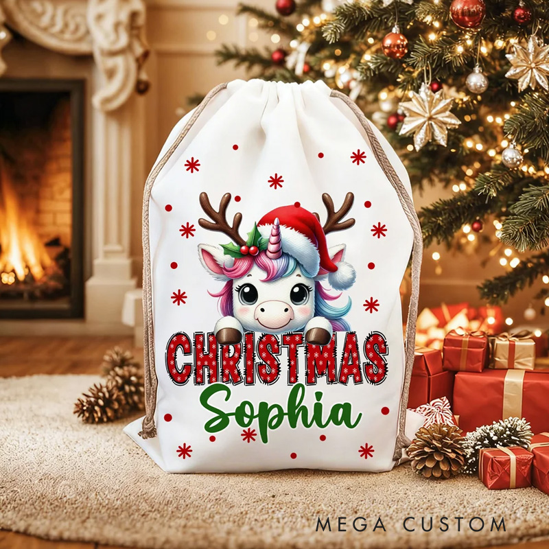 Personalized Santa Hat Deer Fantasy Unicorn Cute Animal Canvas Drawstring Gift Bag with Name Christmas Gift for Family Friends