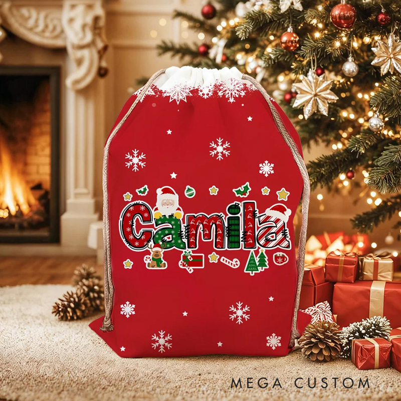 Personalized Santa Claus Elk Christmas Element Alphabet Canvas Drawstring Gift Bag with Name Christmas Gift for Kids