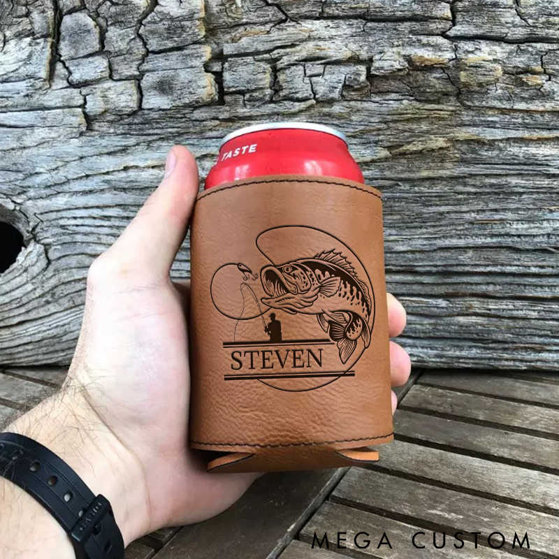 Personalized Fishing Cup Sleeve Fishing Can Cover Leather Design Perfect Gift for Fishing Enthusiasts and Outdoor Adventures