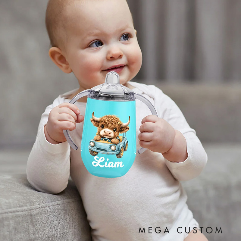 Personalized Cute Highland Cow 10 oz Insulated Name Sippy Cup with Lid and Handle Birthday Baby Shower Gift for Toddler Kids