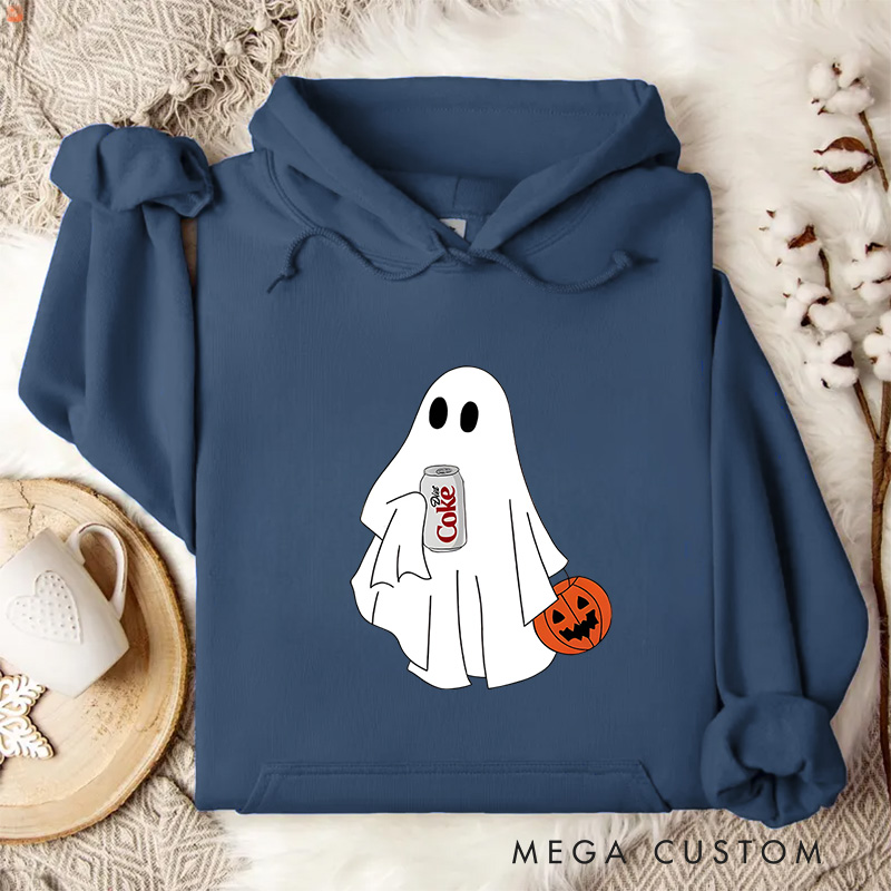 Personalized Cute Ghost Holding Soda and Pumpkin Fun Halloween Inspired Hoodies