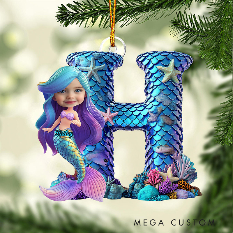 Personalized Mermaid Alphabet Ornament with Custom Letter and Photo Enchanting Underwater Design Perfect for Magical Holiday Decor Christmas Ornament
