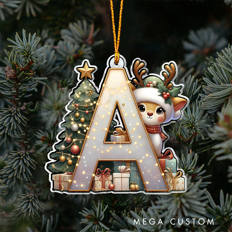 Personalized Reindeer Alphabet Ornament with Custom Letter and Festive Holiday Scene Perfect for Joyful Christmas Decor Christmas Ornament