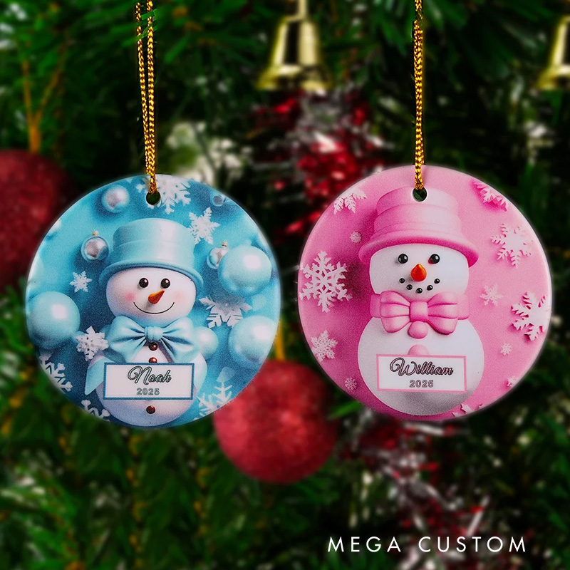 Personalized Faux 3D Snowman Snowflake Ceramic Ornament with Name and Year Christmas Tree Home Decor Holiday Gift for Family Kids