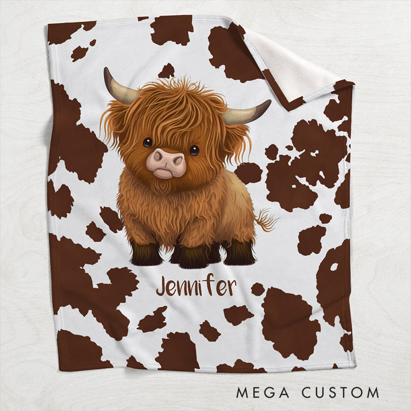 Personalized Highland Cow Blanket with Custom Name and Cute Farm Animal Design Perfect for Cozy Comfort Blanket