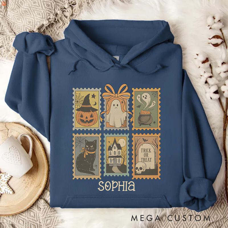 Personalized Vintage Halloween Postage Stamps with Spooky Icons Hoodies