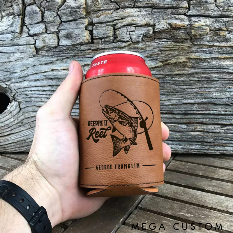 Personalized Leather Can Cooler Custom Engraved Fishing Design Insulated Drink Holder for Outdoor Adventures and Anglers Gifts