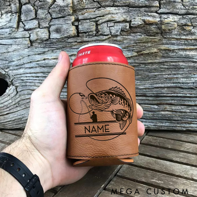 Personalized Leather Can Cooler Custom Fishing Cup Sleeve Custom Name Insulated Drink Holder for Anglers Perfect Gift for Fishing Enthusiasts