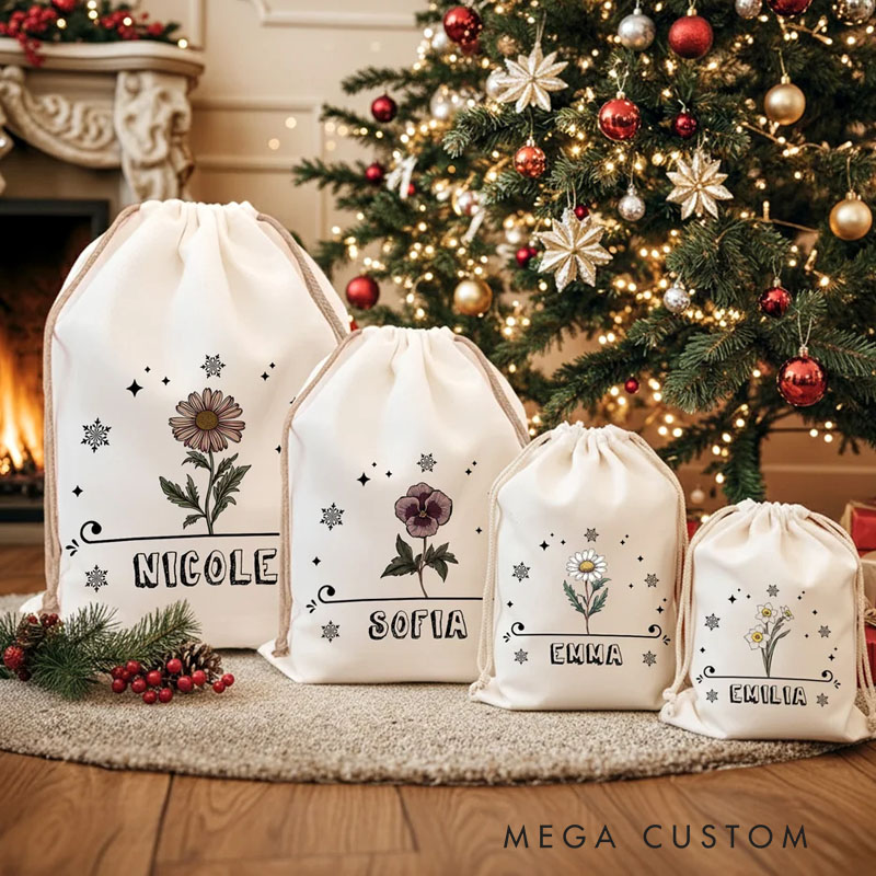 Personalized Birth Flower Drawstring Gift Bag with Name Birthday Anniversary Christmas Gift for Kids Family Friends