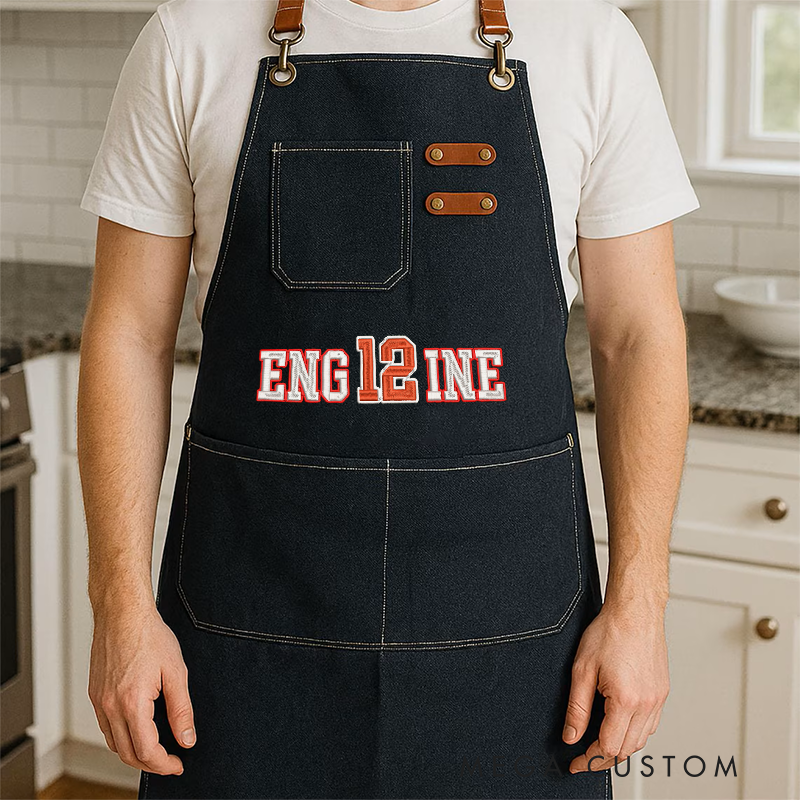 Personalized Firefighter Canvas Apron with Custom Embroidered Engine Number Design Gift for Firefighters
