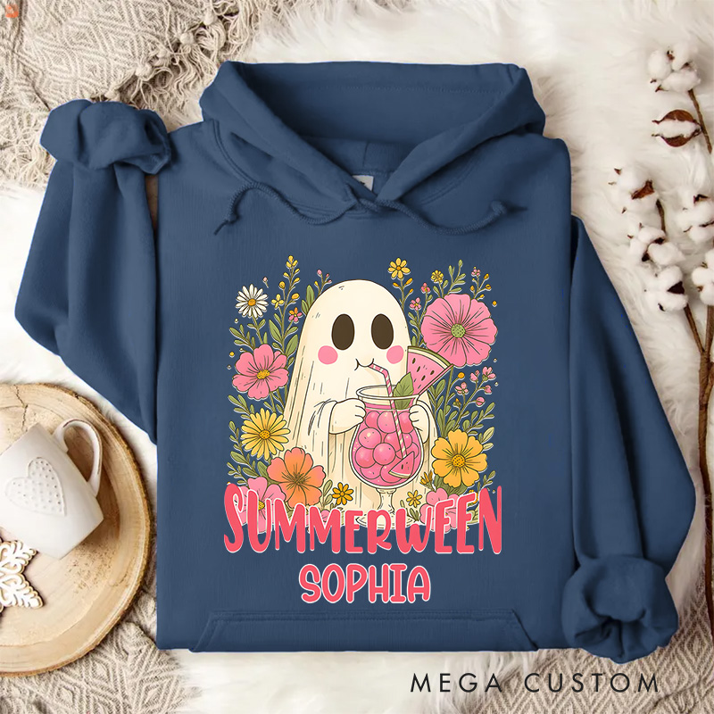 Personalized Summerween Ghost with Colorful Flowers and Happy Vibes Hoodies