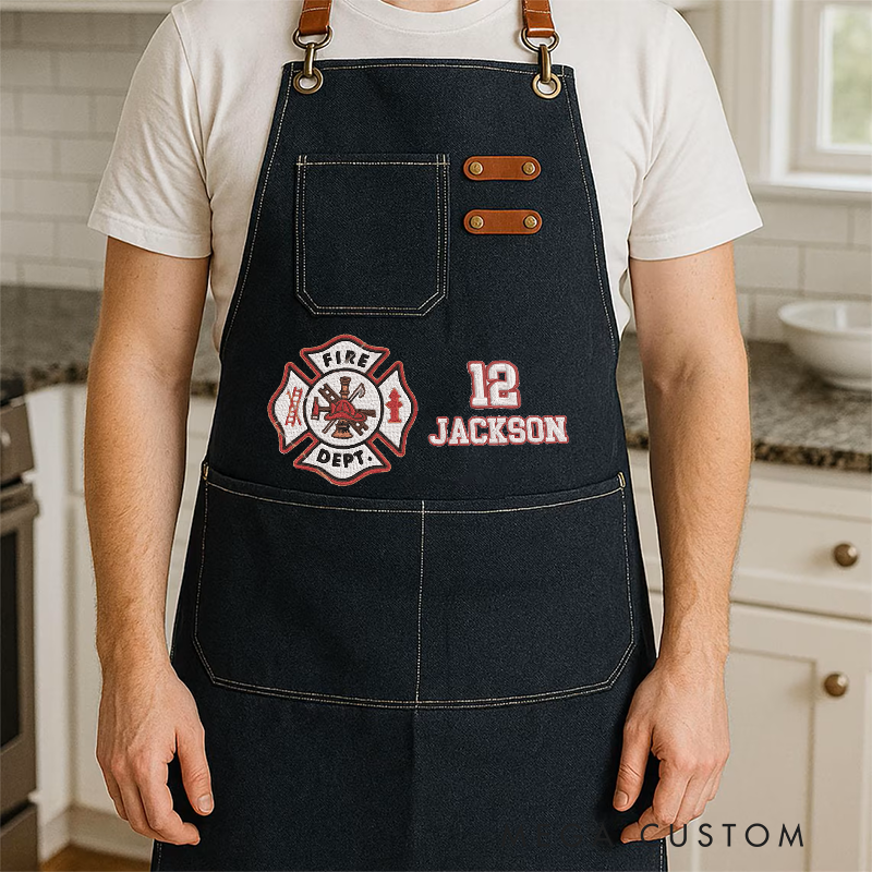 Personalized Firefighter Canvas Apron with Custom Name and Number Gift for Firefighters