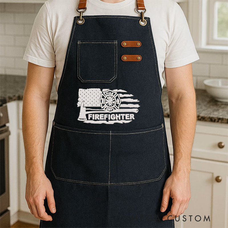 Personalized Firefighter Black Canvas Apron with Adjustable Straps and Pockets Gift for Firefighters and Everyday Use