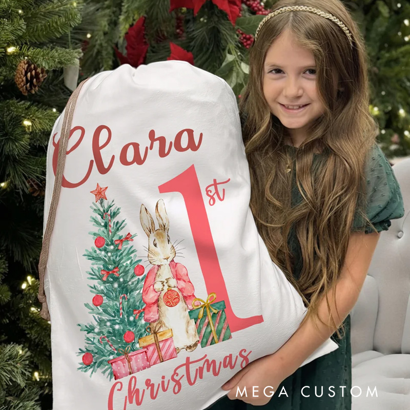 Personalized First Christmas Santa Claus Peter Rabbit Drawstring Canvas Gift Bag with Name Christmas Gift for Baby Family