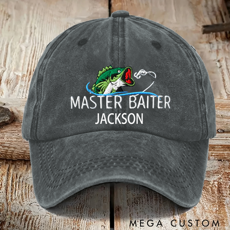 Personalized Master Baiter Fishing Hat Embroidered Bass Fishing Hat Master Baiter Fisherman Dad Hat Custom Name Funny and Personalized Cap for Fishing Enthusiasts
