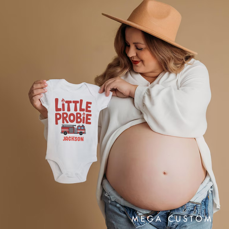 Personalized Firefighter Inspired Baby Bodysuit with Cute Little Probie Text and Adorable Fire Truck Graphic Baby Bodysuit