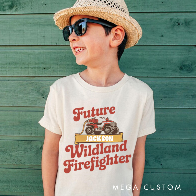 Personalized Wildland Firefighter Inspired Kids T-Shirt with Custom Name and Bold Future Firefighter Graphic Kids T-Shirt