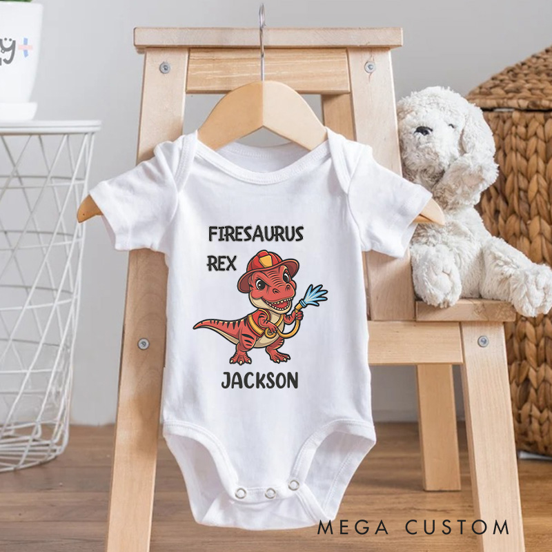 Personalized Dinosaur Firefighter Baby Bodysuit with Cute Firesaurus Rex Graphic and Custom Name for Little Heroes Baby Bodysuit
