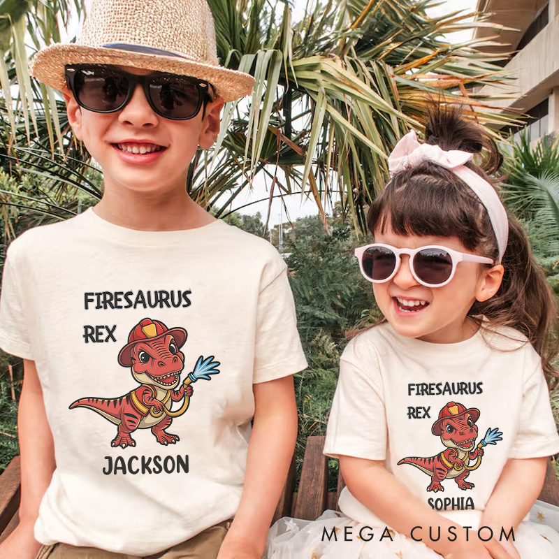 Personalized Dinosaur Firefighter Kids T-Shirt with Adorable Firesaurus Rex Graphic and Custom Name for Fun Adventures Kids T-Shirt