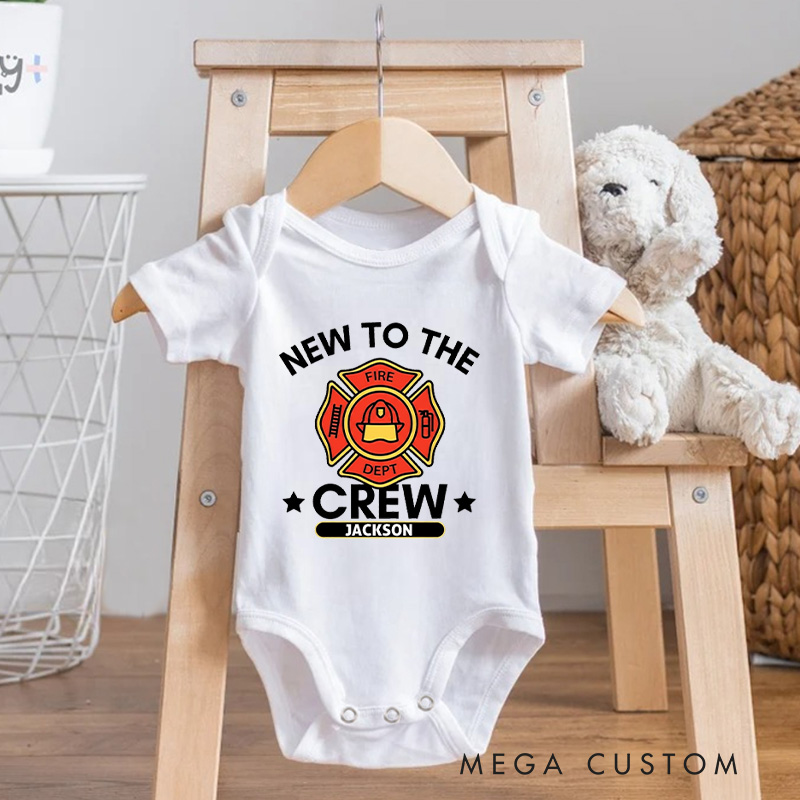 Personalized Firefighter Crew Baby Bodysuit with Custom Name and Bold New to the Crew Emblem for Little Heroes Baby Bodysuit