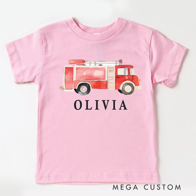 Personalized Fire Truck Kids T-Shirt with Custom Name and Adorable Red Fire Engine Graphic for Little Heroes Kids T-Shirt