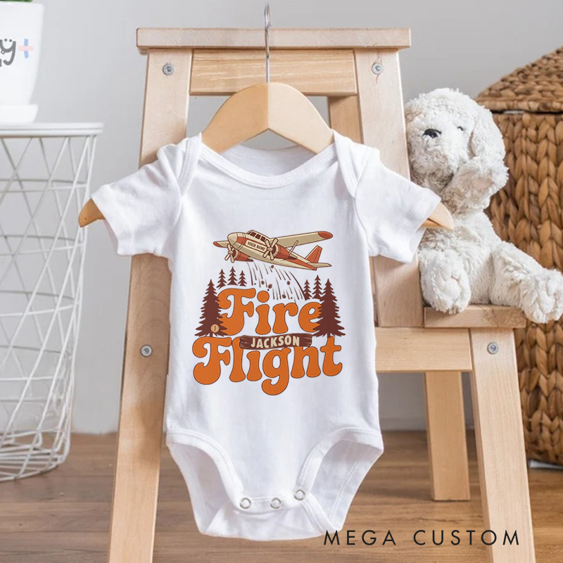 Personalized Fire Flight Baby Bodysuit with Custom Name and Vintage Aerial Firefighter Plane Graphic for Little Adventurers Baby Bodysuit