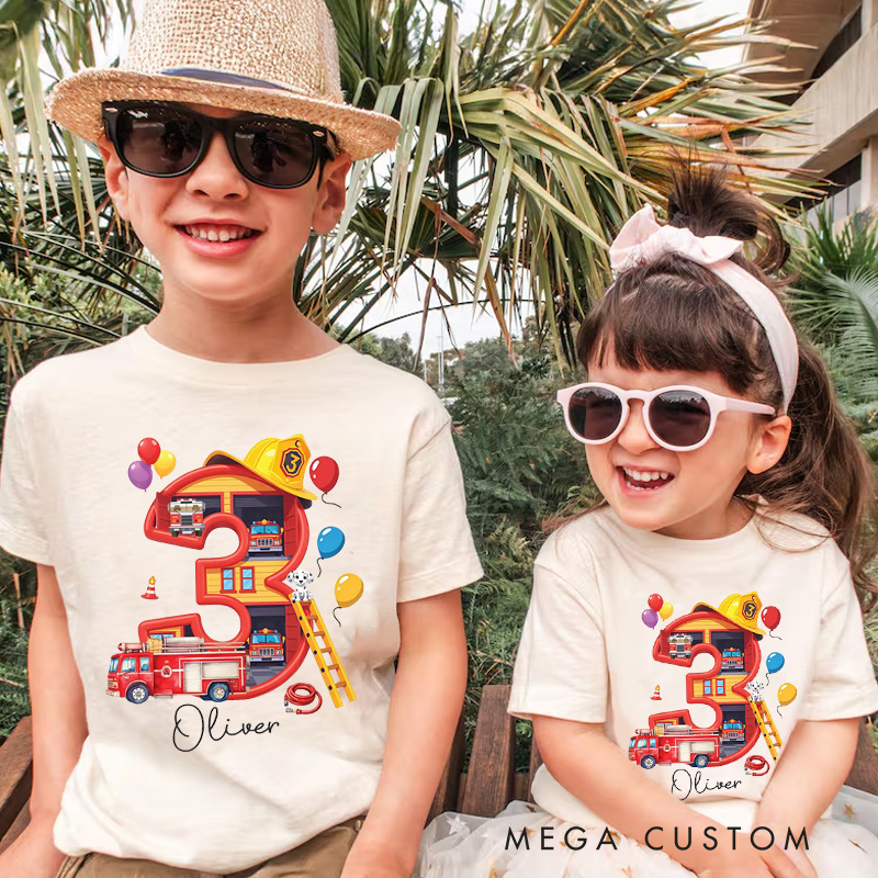 Personalized Fire Truck Birthday Kids T-Shirt with Custom Name and Colorful Birth Number Three Graphic for Celebrating Little Heroes Kids T-Shirt