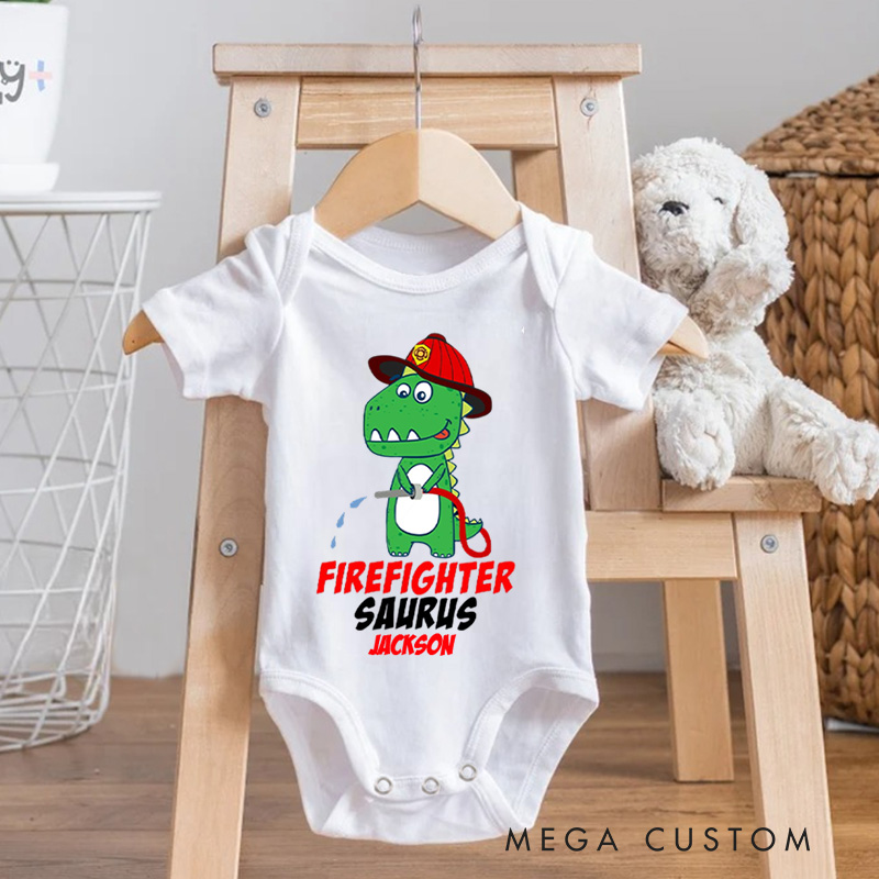 Personalized Firefighter Saurus Baby Bodysuit with Custom Name and Cute Dinosaur Firefighter Graphic for Little Heroes Baby Bodysuit