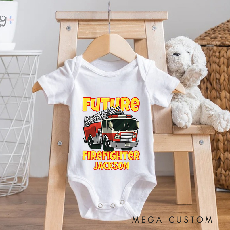Personalized Future Firefighter Baby Bodysuit with Custom Name and Bold Fire Truck Graphic for Aspiring Heroes Baby Bodysuit