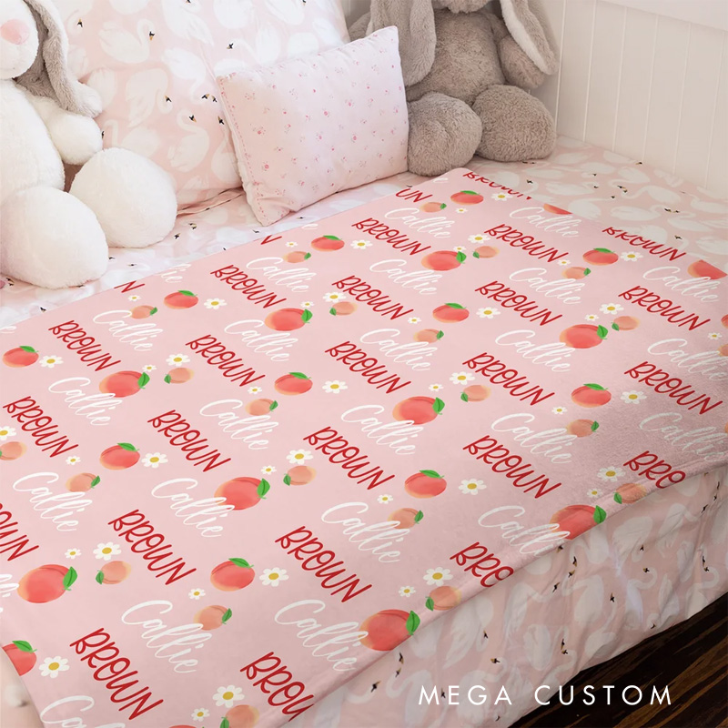 Personalized Flower Strawberry Peach Cherry Pink Soft Throw Blanket with Name Home Decor Birthday Christmas Gift for Girls