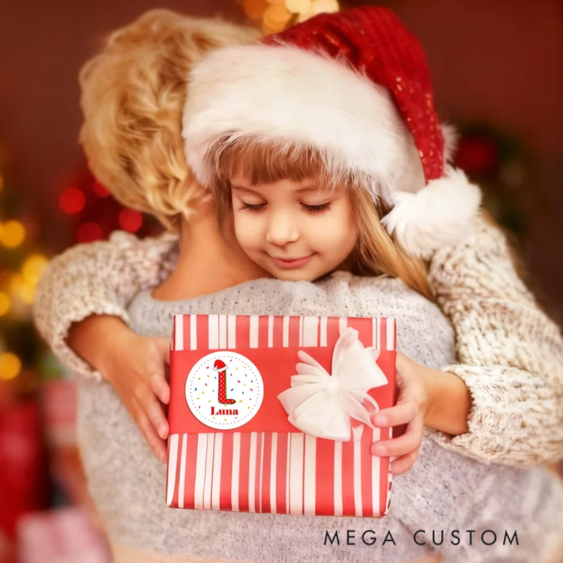 Personalized Santa Hat Initial Colorful Fireworks Waterproof Stickers with Name Festival Party Christmas Gift for Kids