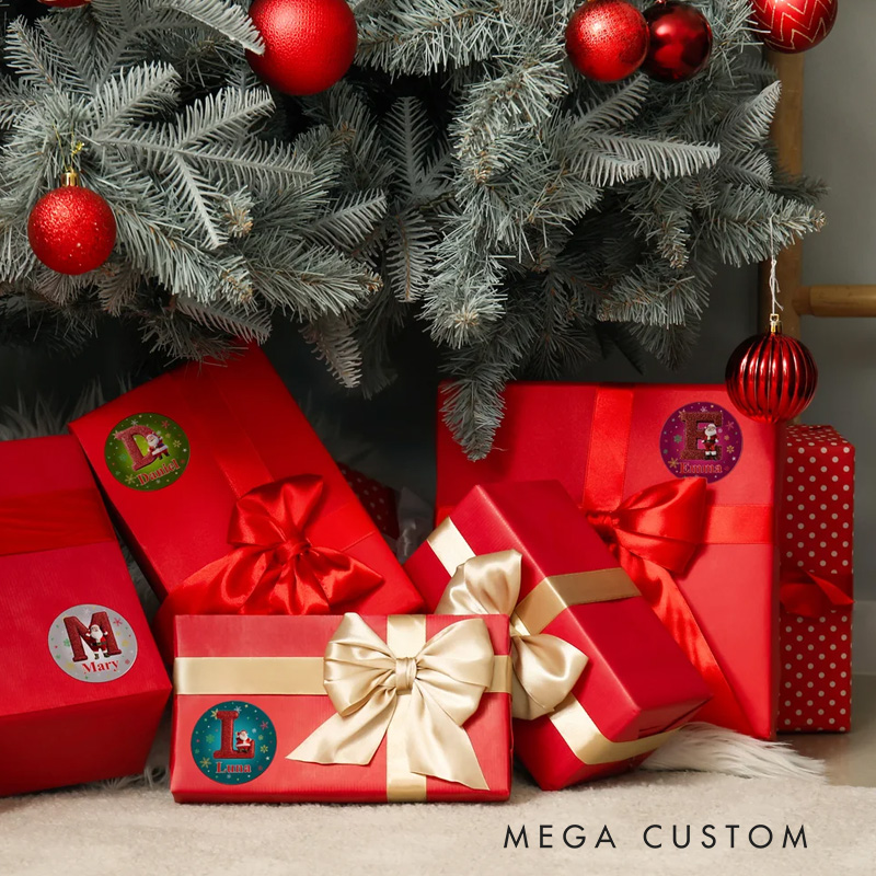 Personalized Cartoon Santa Claus Initial Waterproof Stickers with Name Gift Decor Christmas Party Favor for Friends Family