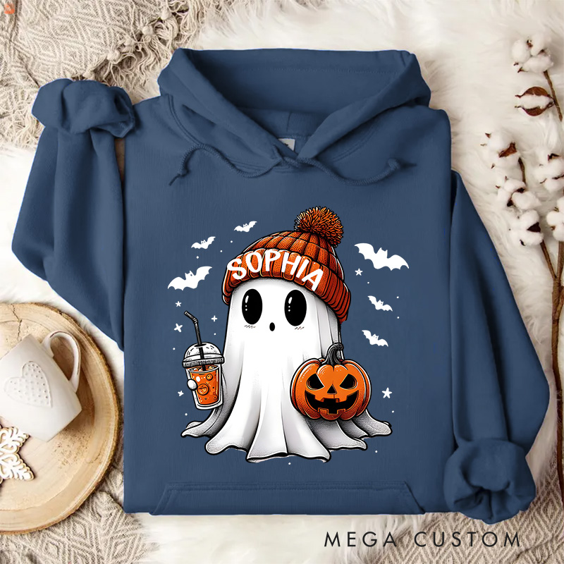 Personalized Adorable Ghost with Pumpkin and Coffee Autumn Halloween Aesthetic Hoodies