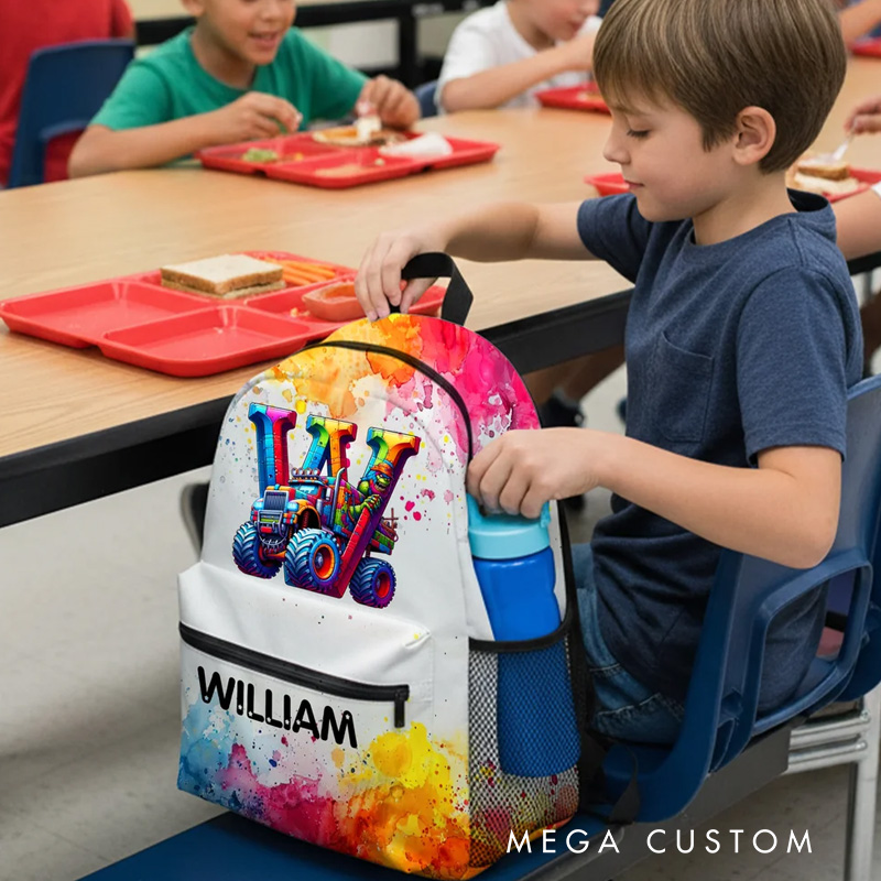 Personalized Watercolor Truck Initial Large Capacity Backpack with Name Back to School Birthday Christmas Gift for Boys Truck Lovers