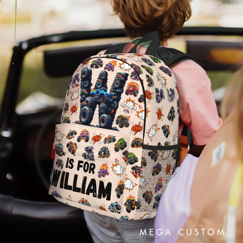 Personalized Big Wheel Off-Road Truck Initial Large Kid Backpack with Name and Side Pockets Daily Use Back to School Birthday Gift for Kids