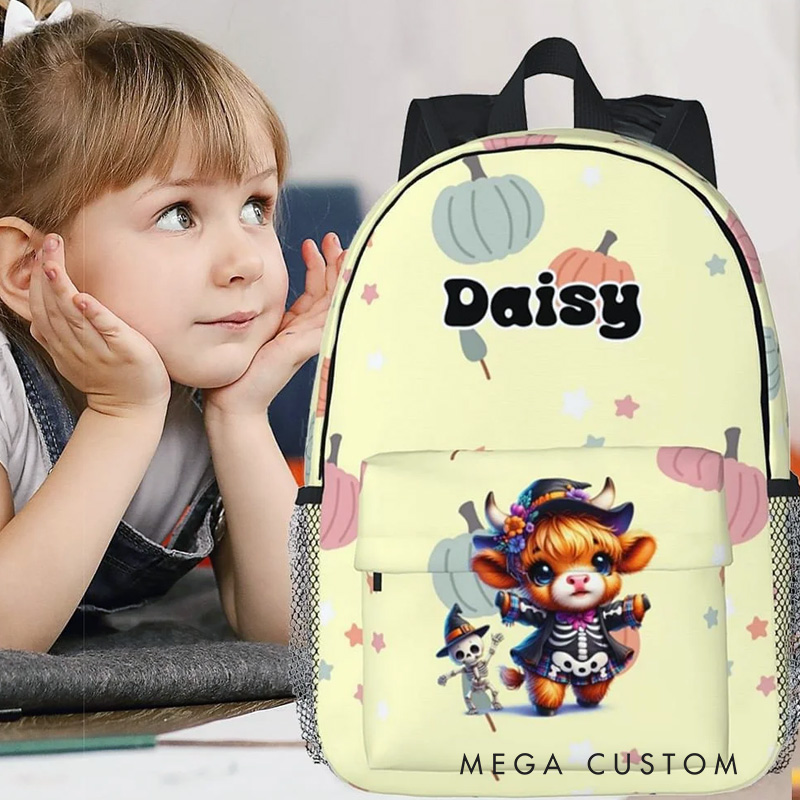 Personalized Highland Cow Pumpkin Design Waterproof Kid School Backpack with Name Halloween Fall Back to School Gift for Boys Girls