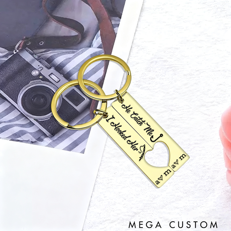 Personalized Couples Fishing Keychain Set He Caught Me and I Hooked Her Keychain Romantic Gift for Couples Fishing Lovers Anniversary or Valentine’s Day Present