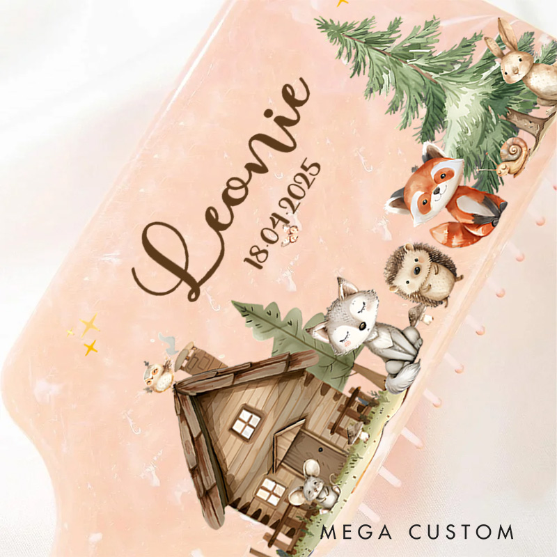 Personalized Woodland Hair Brush with Custom Name and Date Featuring Cozy Cabin and Forest Animals Design Hair Brush