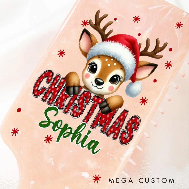 Personalized Reindeer Hair Brush with Custom Name and Festive Christmas Design for Kids and Holiday Cheer Hair Brush