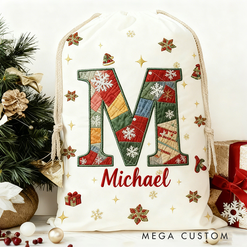 Personalized Initial Christmas Bag with Custom Name and Festive Imitation Embroidery Effect Style Design for Holiday Gifts Christmas Bag