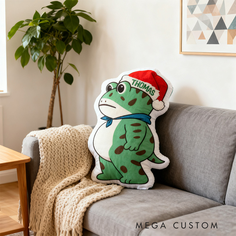 Personalized Frog Pillow with Custom Name and Festive Santa Hat Design for Kids and Playful Holiday Decor Pillow