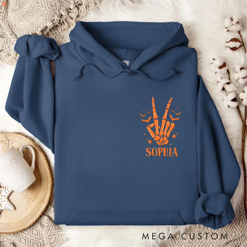 Personalized Skeleton Hands with Pumpkin and Moon Halloween Night Vibes Hoodies