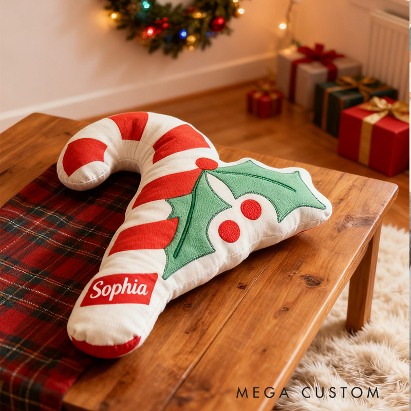 Personalized Candy Cane Pillow with Custom Name and Festive Holly Design for Holiday Decor and Seasonal Cheer Pillow