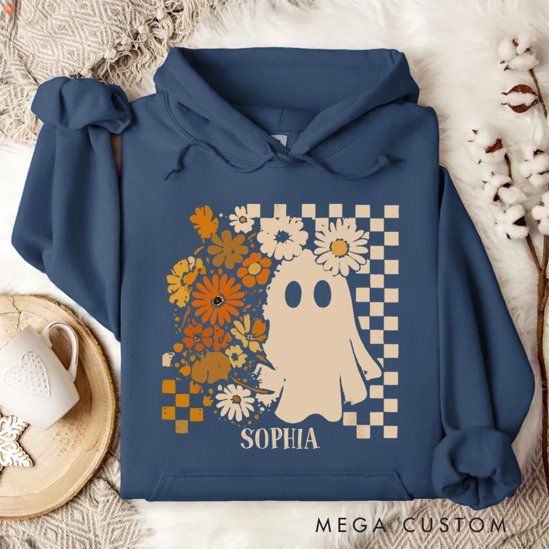 Personalized Cute Ghost with Sunflowers and Checkerboard Pattern Rustic Halloween Hoodies