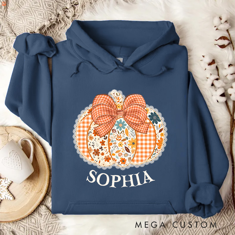 Personalized Gingham Pumpkin with Bow and Floral Accents Autumn Harvest Hoodies