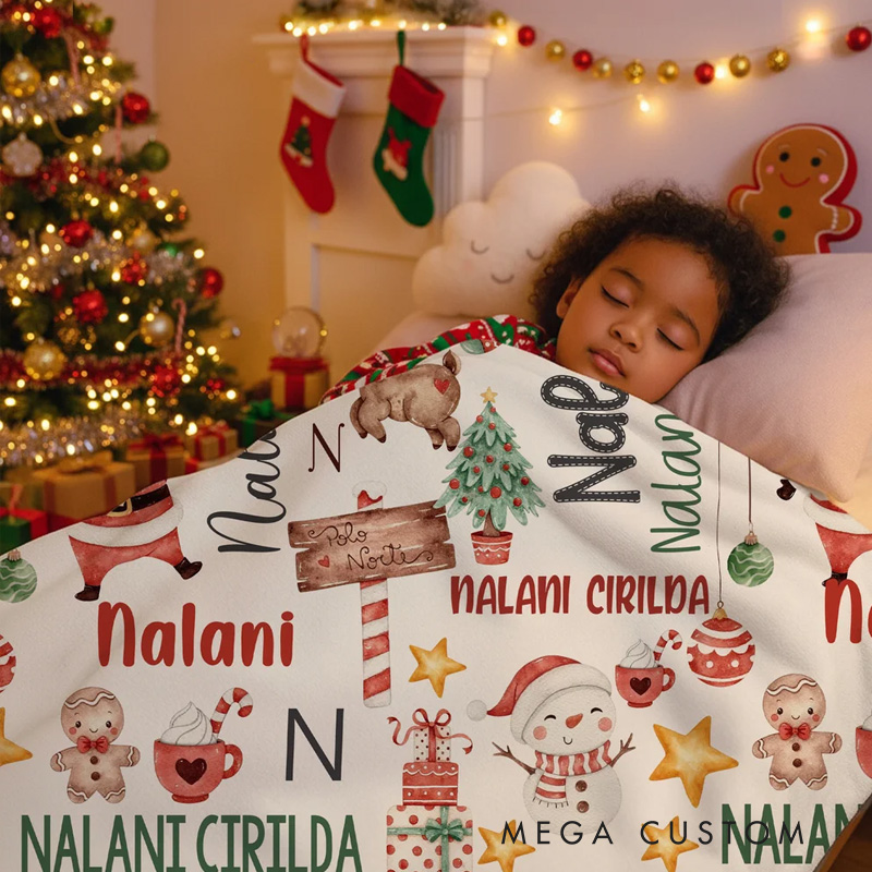 Personalized Cute Snowman Santa Claus Christmas Theme Soft Throw Blanket with Name Home Decor Christmas Gift for Kids Family