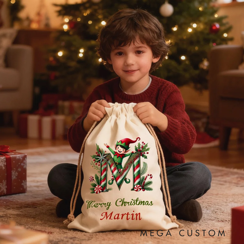 Personalized Merry Christmas Cute Elf Canvas Drawstring Gift Bag with Name and Initial First Christmas Party Favors for Kids Family