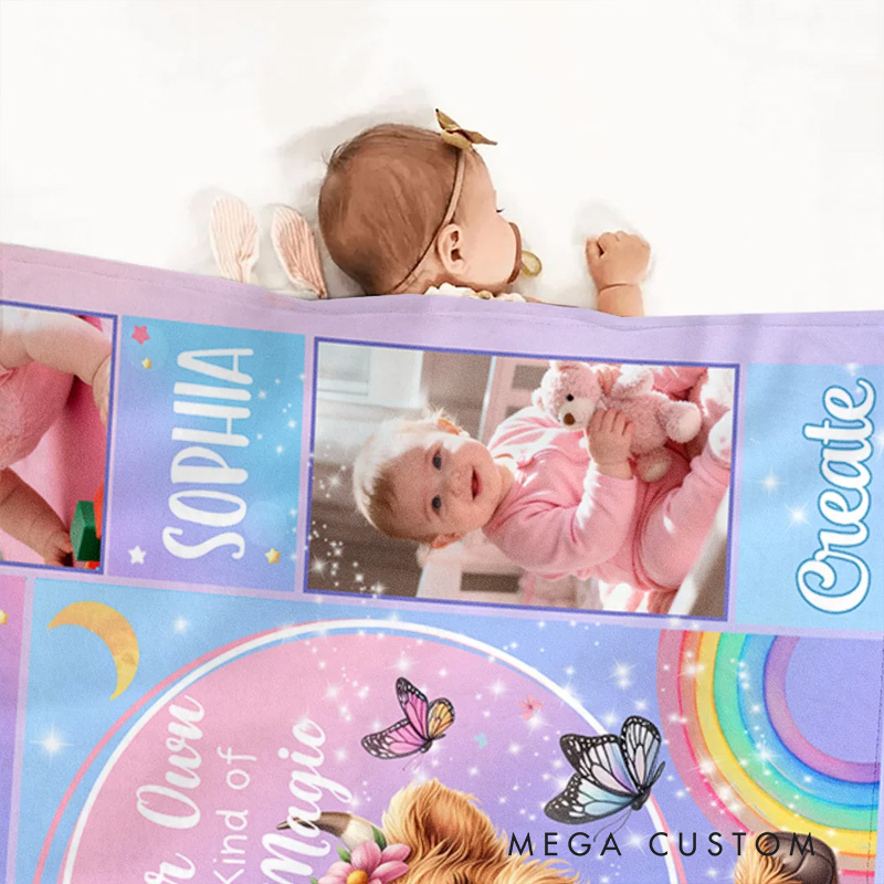 Personalized Floral Highland Cow Butterfly Soft Throw Blanket with Name and Photos Home Decor Baby Shower Birthday Gift for Girls