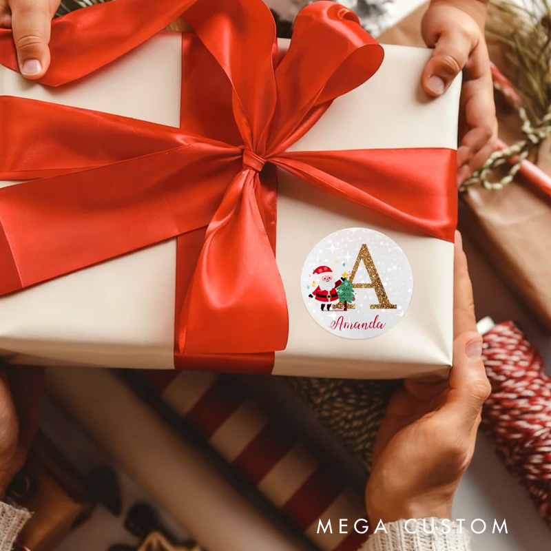 Personalized Santa Claus Initial Glitter Waterproof Stickers Labels with Name Gift Decor Christmas Party Favors for Family Friends